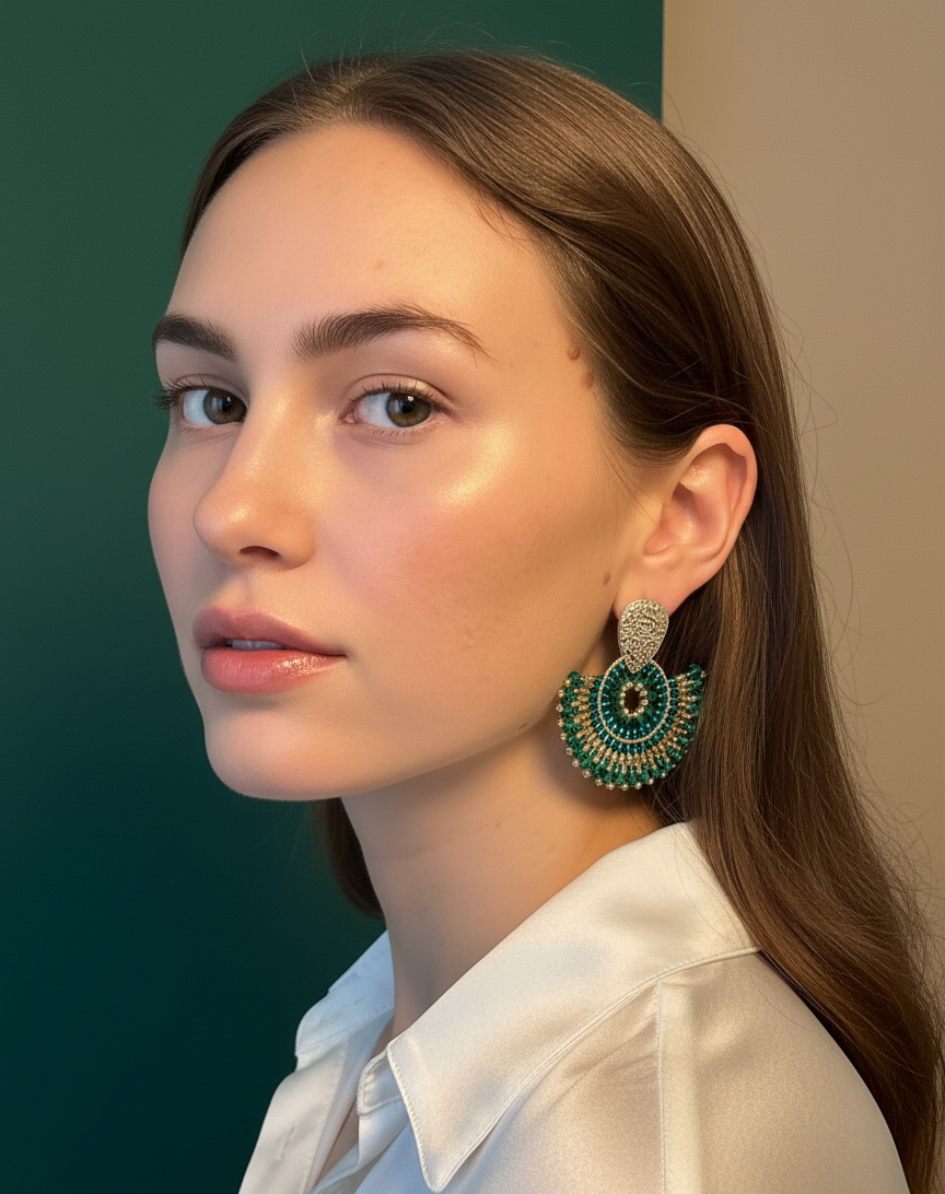 Woman wearing Cali earring, half moon green beaded earring