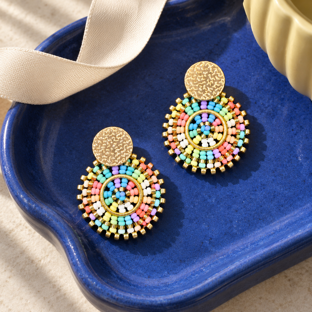 Manila Round Beaded Earrings in Rainbow