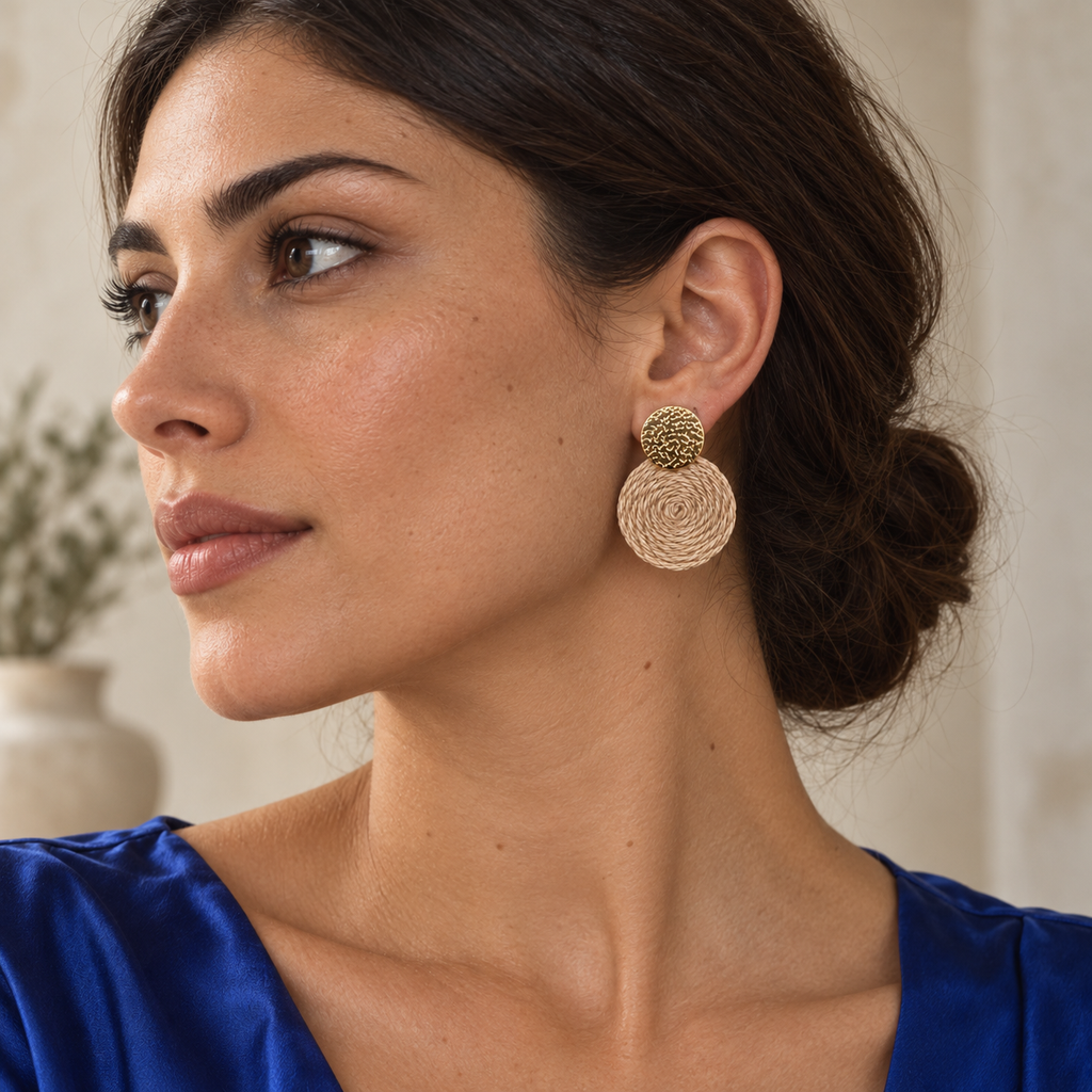 Guatapé Woven Iraca Palm Earrings in Dark Beige