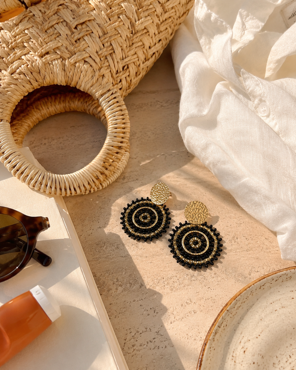 Manila Round Beaded Earrings in Black