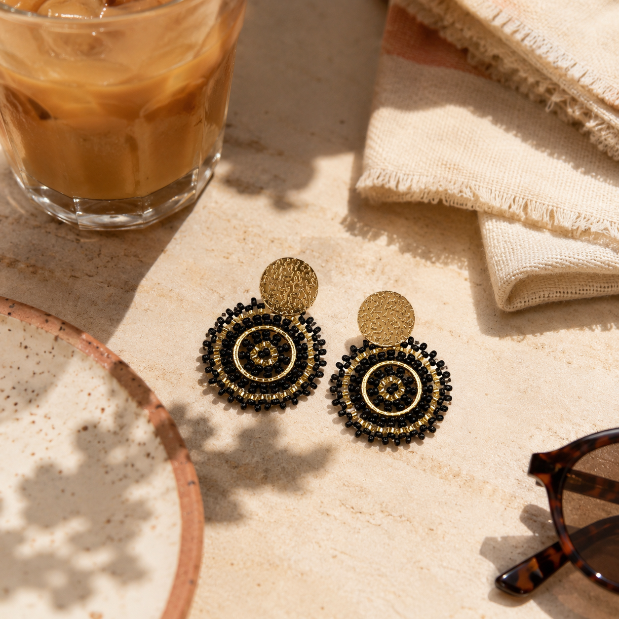 Manila Round Beaded Earrings in Black