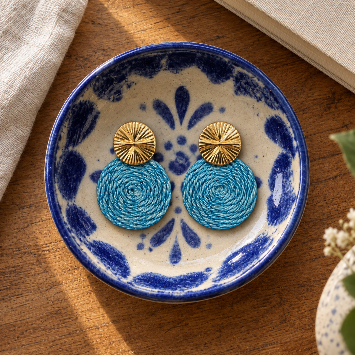 Guatapé Woven Iraca Palm Earrings in Ocean Blue