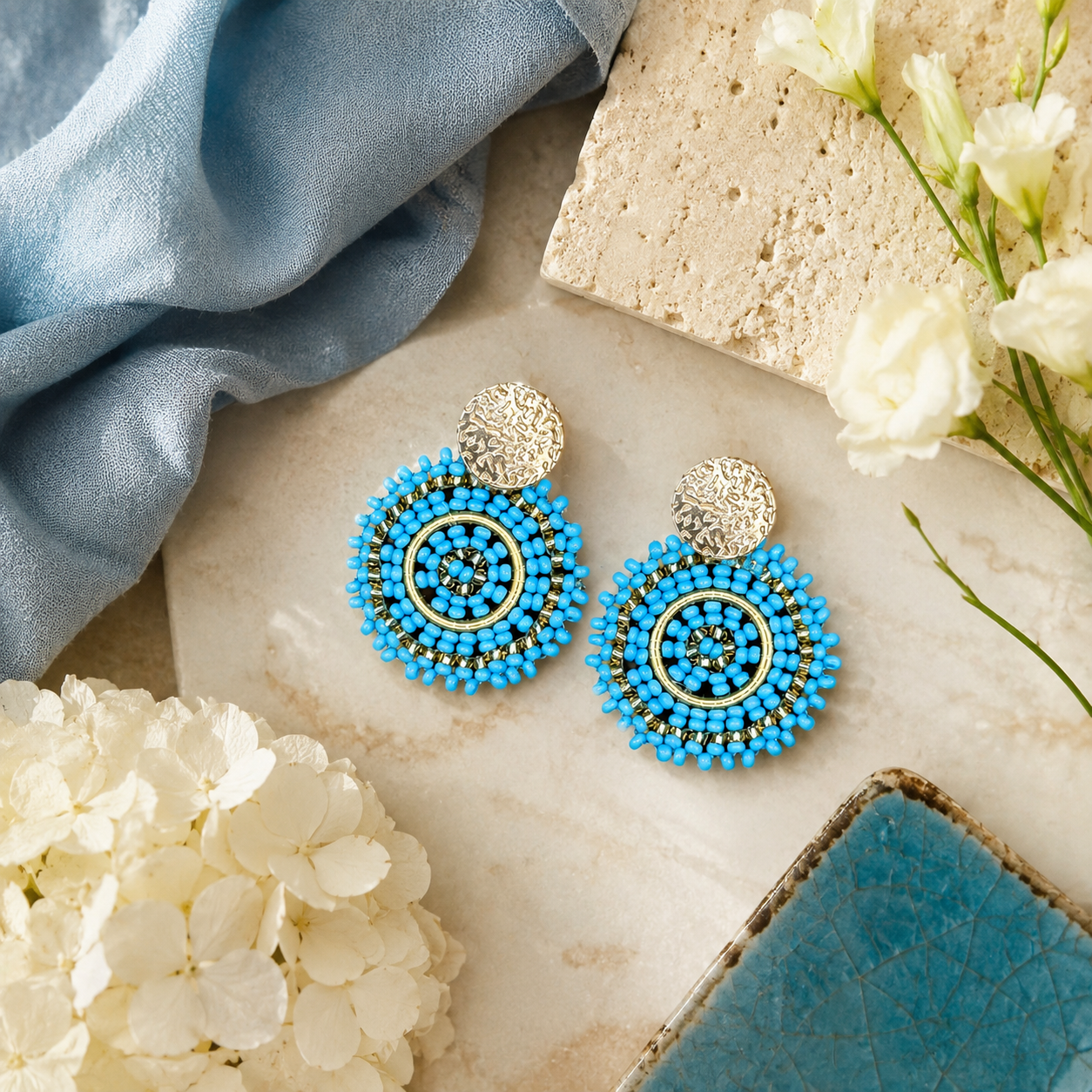 Manila Round Beaded Earrings in Light Blue
