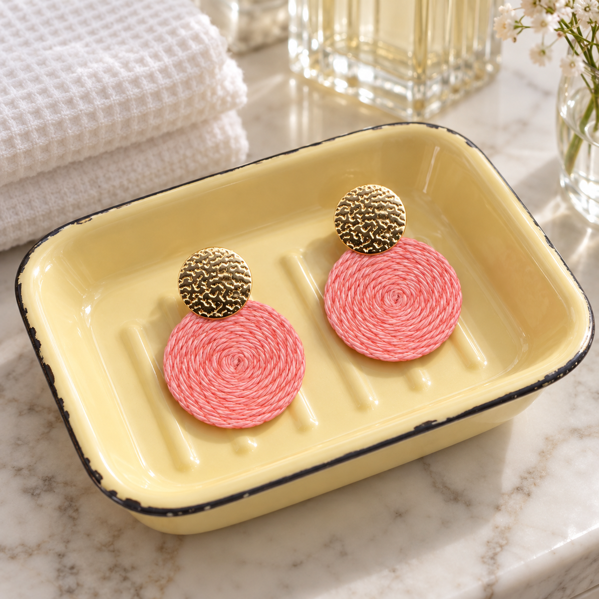 Guatapé Woven Iraca Palm Earrings in Light Pink
