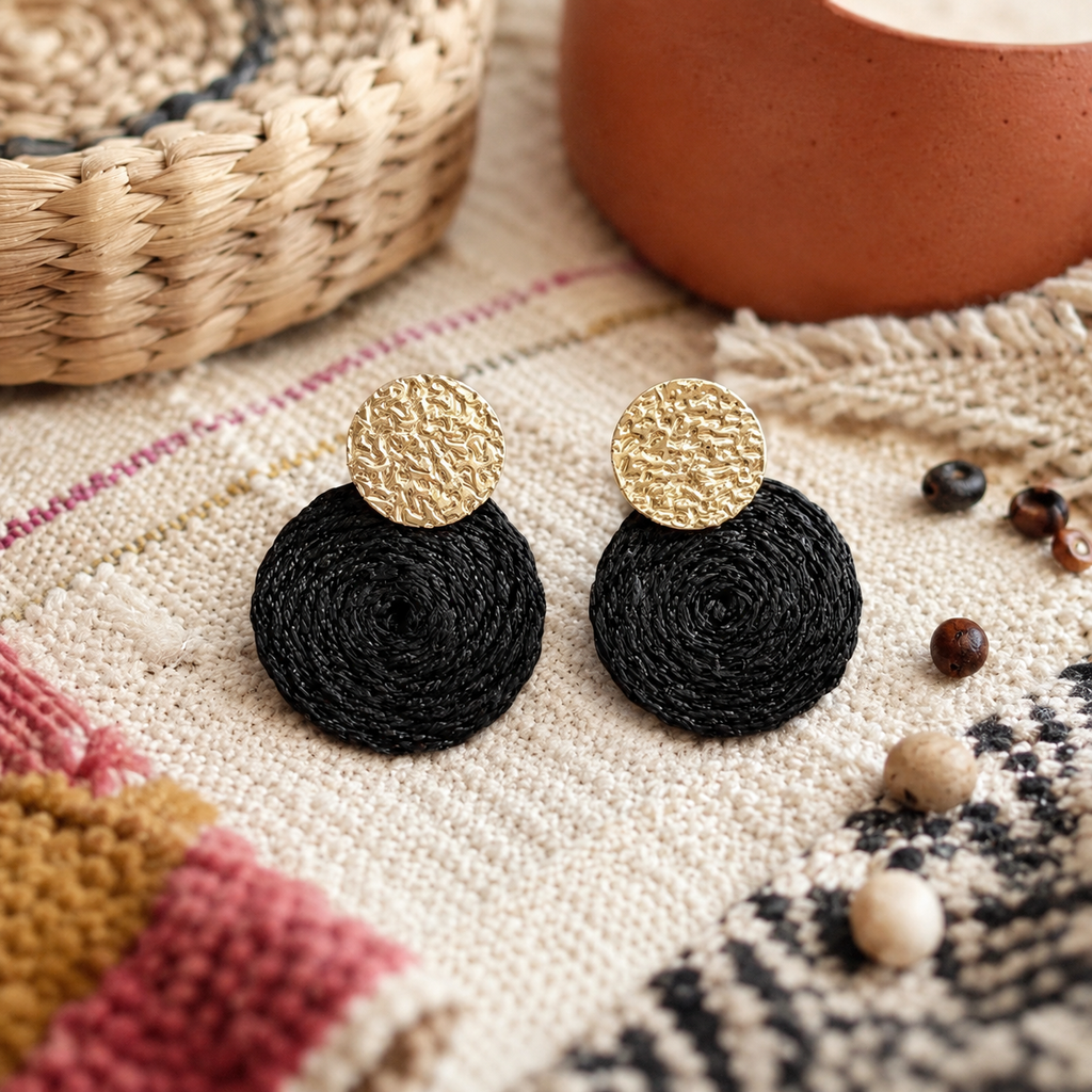 Guatapé Woven Iraca Palm Earrings in Black