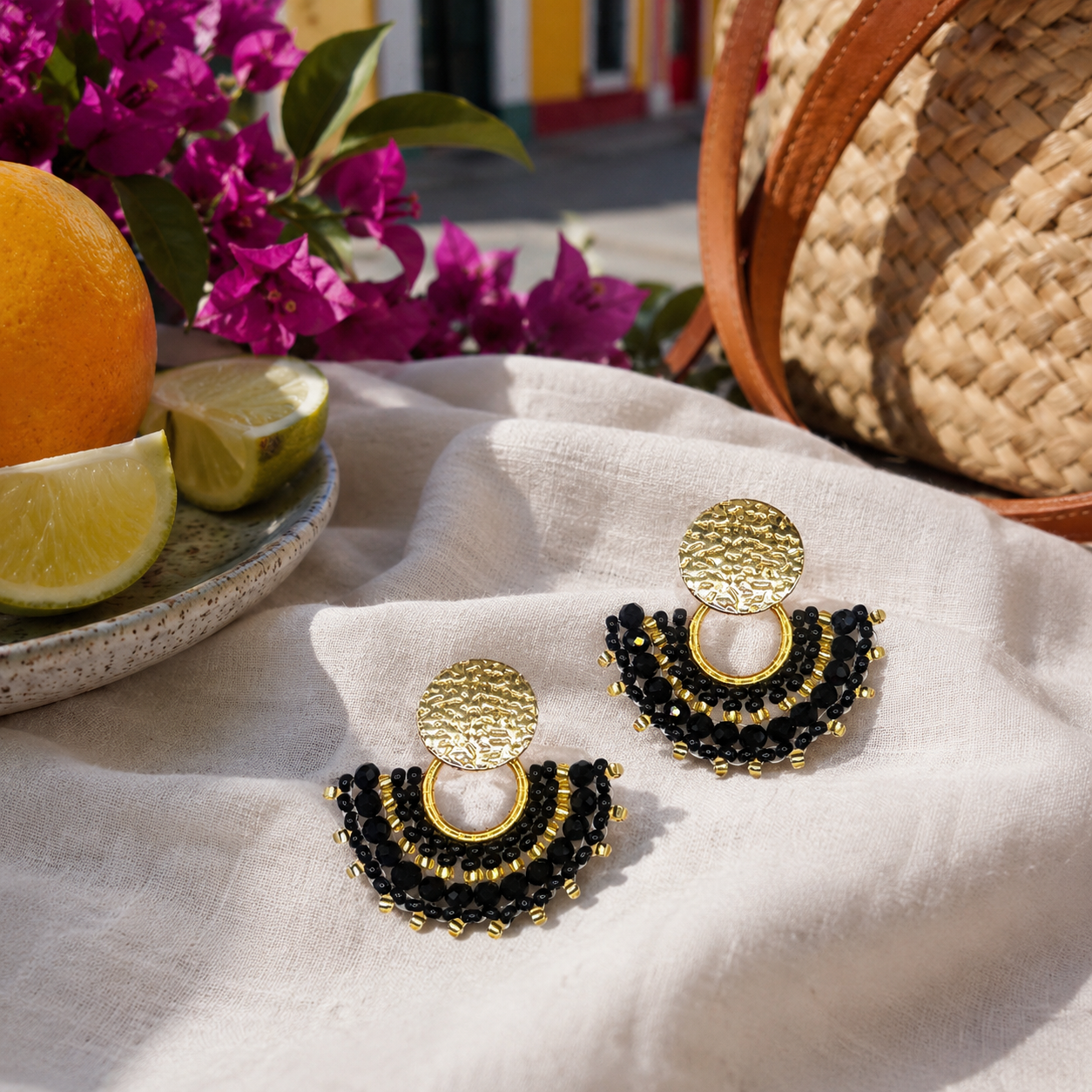 Cali Small Beaded Earrings in Black