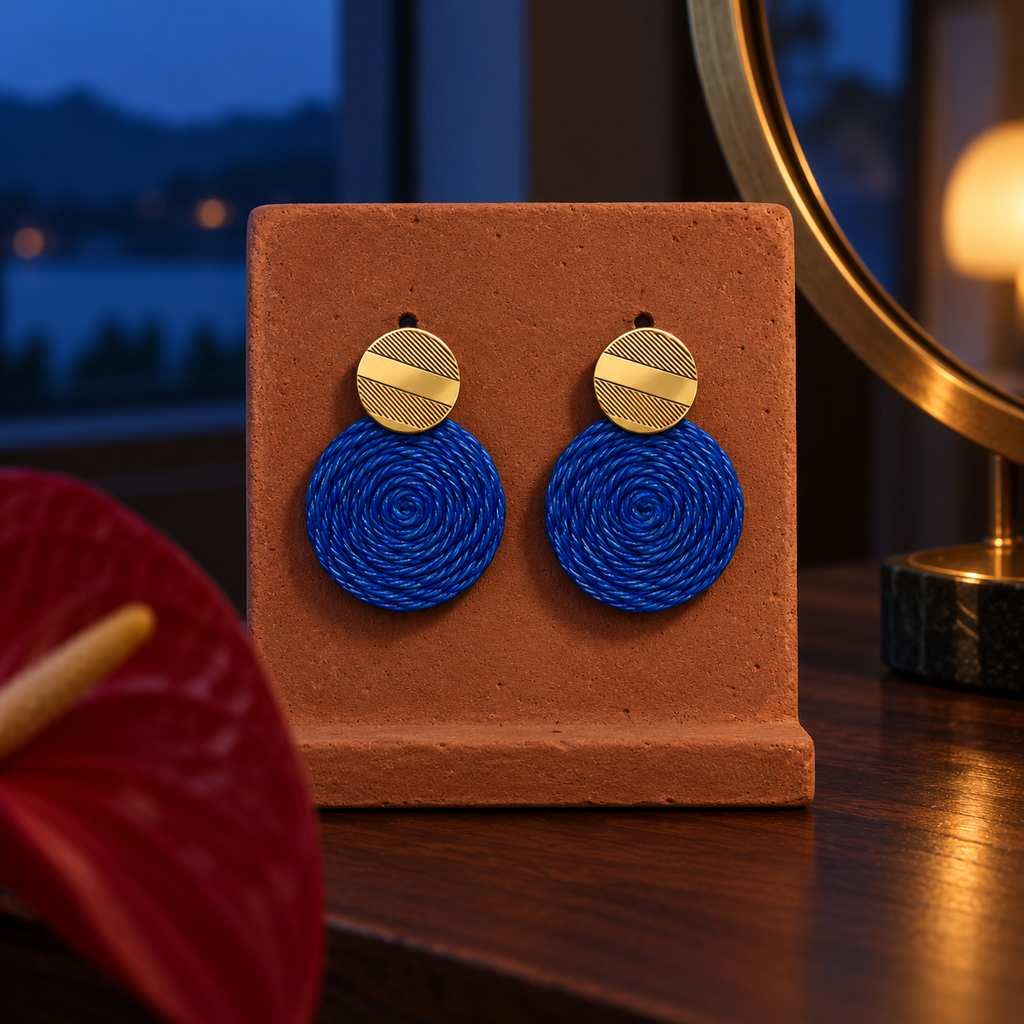 Guatapé Woven Iraca Palm Earrings in Blue