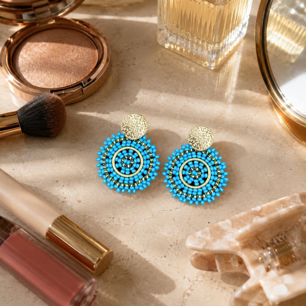 Manila Round Beaded Earrings in Light Blue
