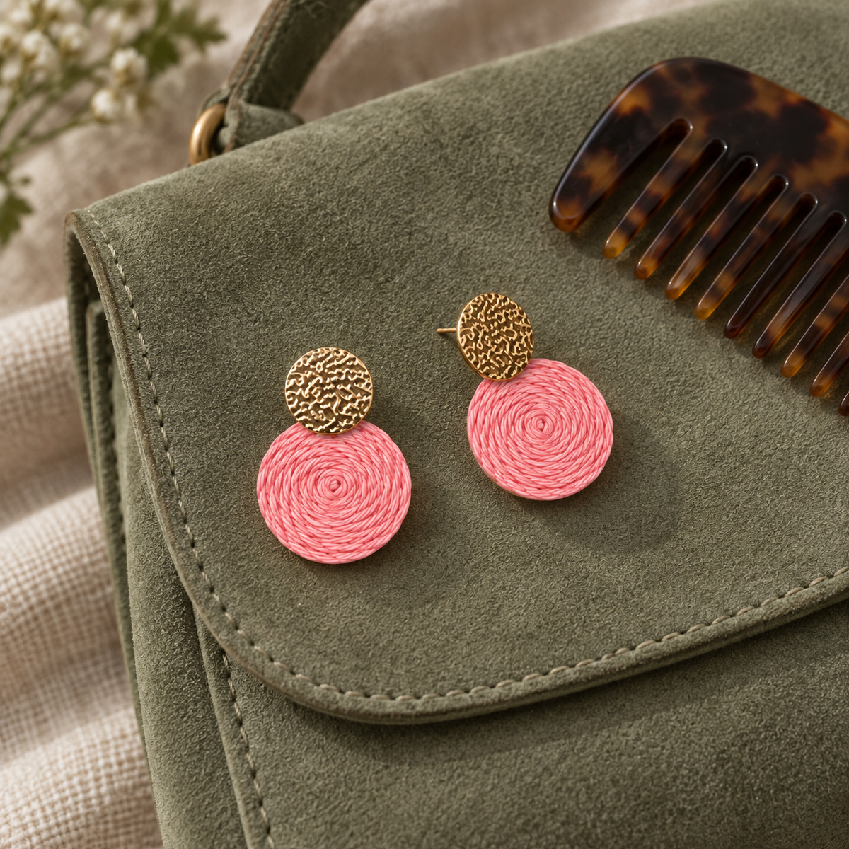 Guatapé Woven Iraca Palm Earrings in Light Pink