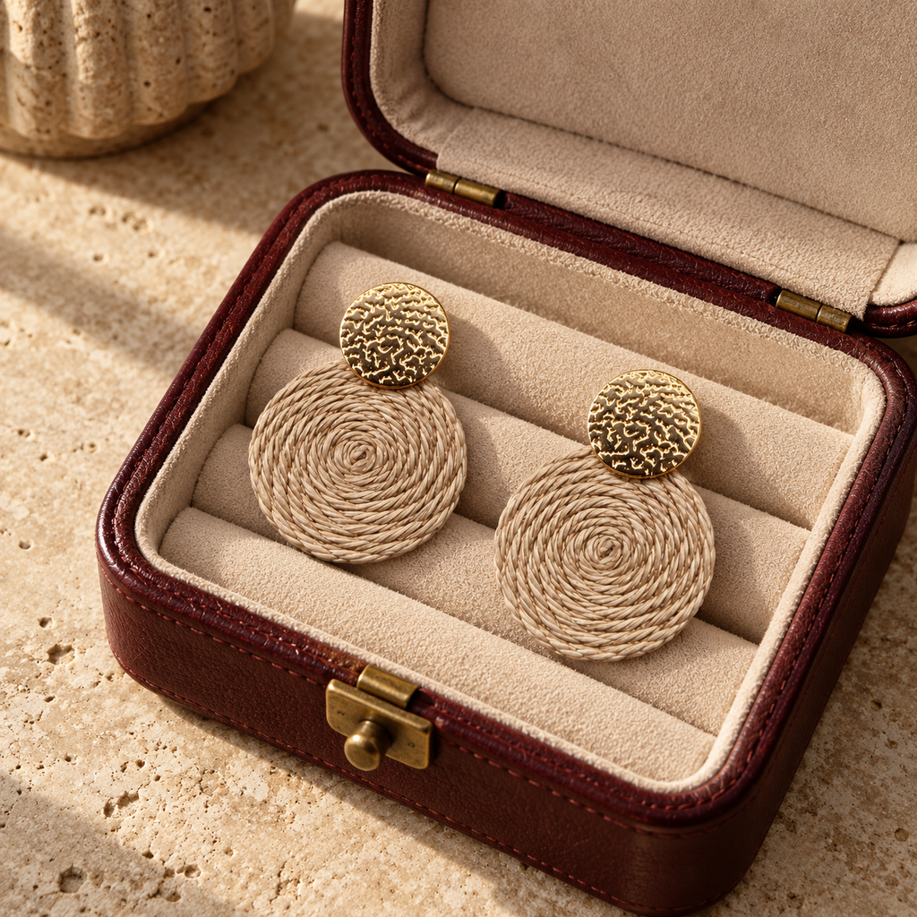 Guatapé Woven Iraca Palm Earrings in Dark Beige