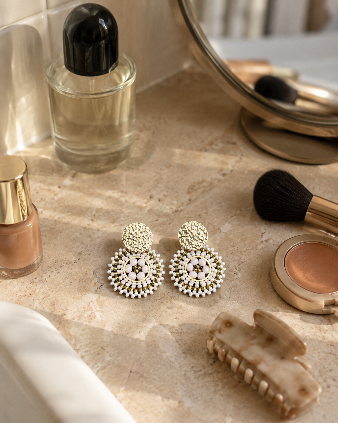 Manila Round Beaded Earrings in White
