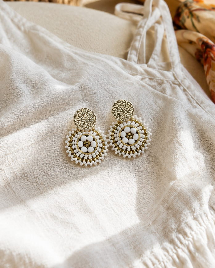 Manila Round Beaded Earrings in White
