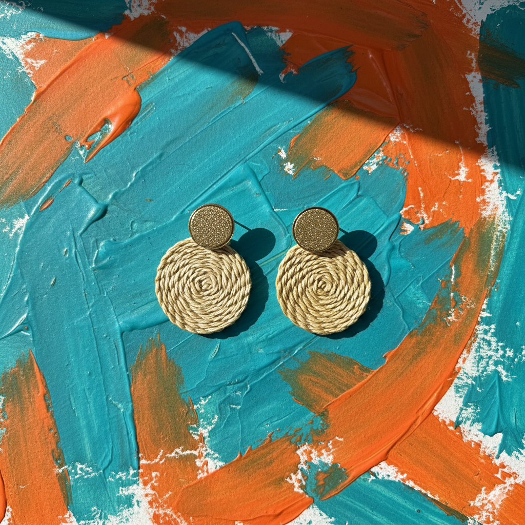 Pair of round gold earrings on a textured blue and orange surface