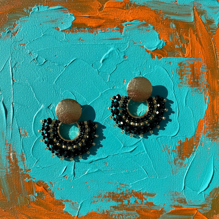 Pair of earrings on a textured blue and orange background