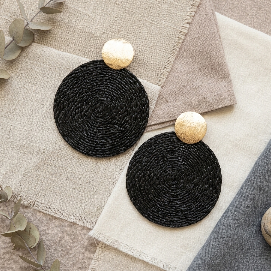 Black woven coasters with gold accents on a textured surface with eucalyptus leaves.