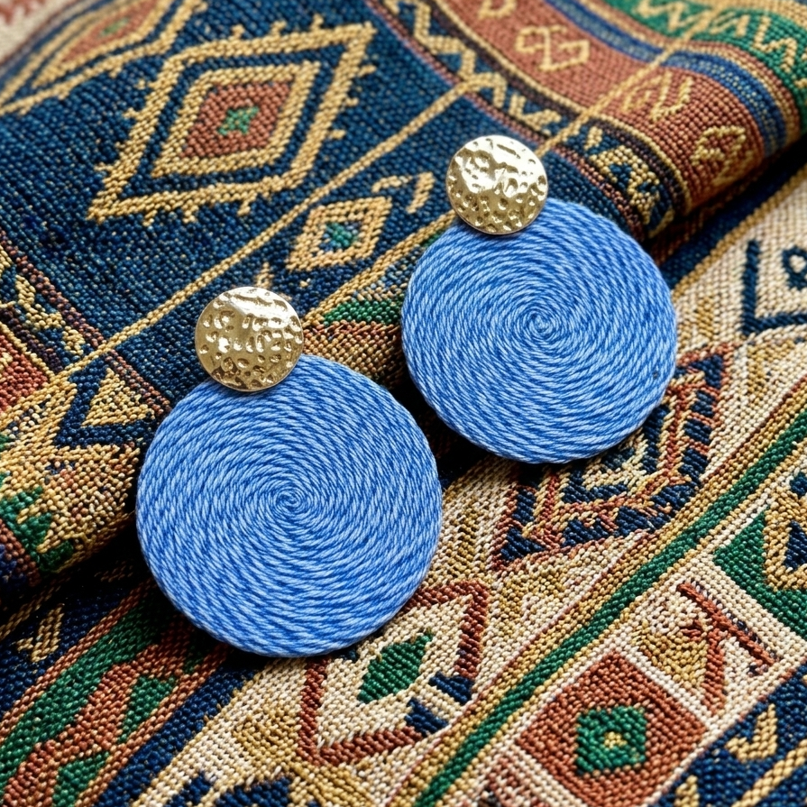 Blue earrings with gold tops on a patterned fabric background