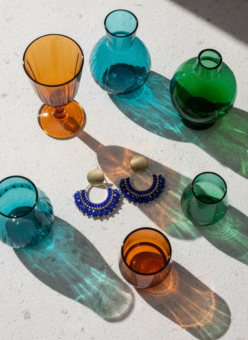 Colorful glassware and blue earrings with golden stud on a textured surface