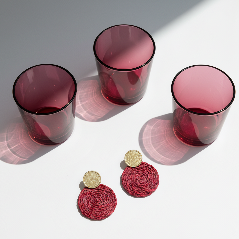 Textile round earrings in burgundy close to three burgundy glasses