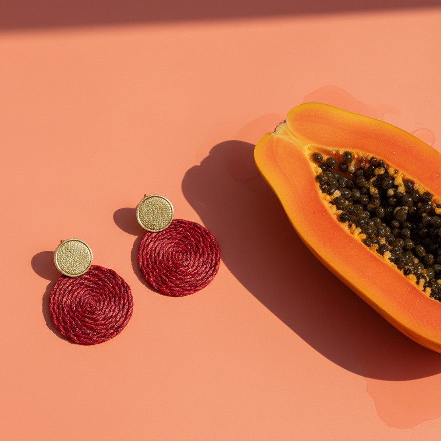 Burgundy round earrings earrings next to a halved papaya on a peach background