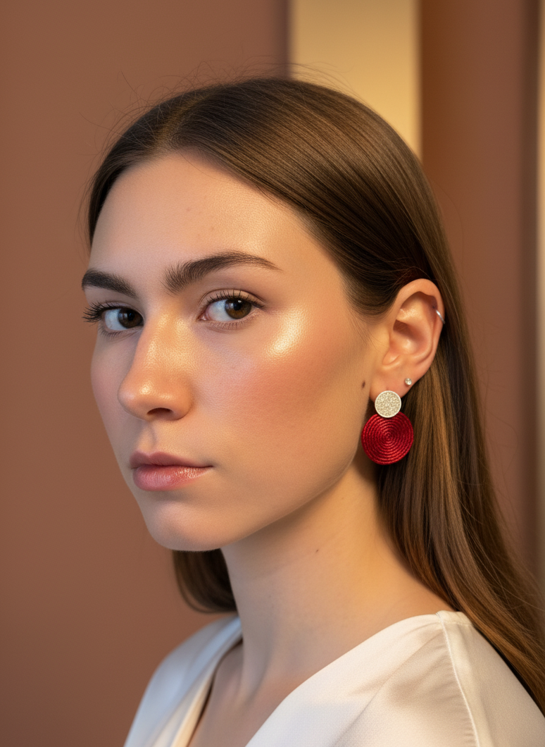 Woman wearing burgundy textile earrings with a neutral background