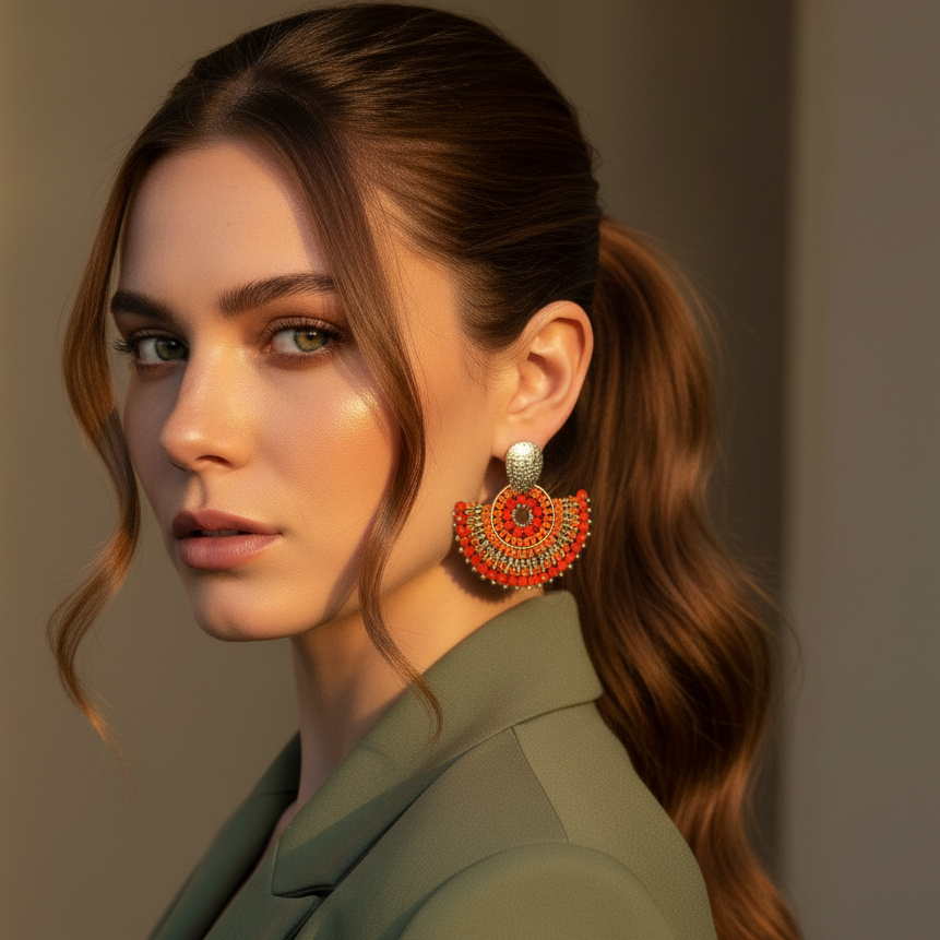 Woman wearing a green outfit with orange earrings