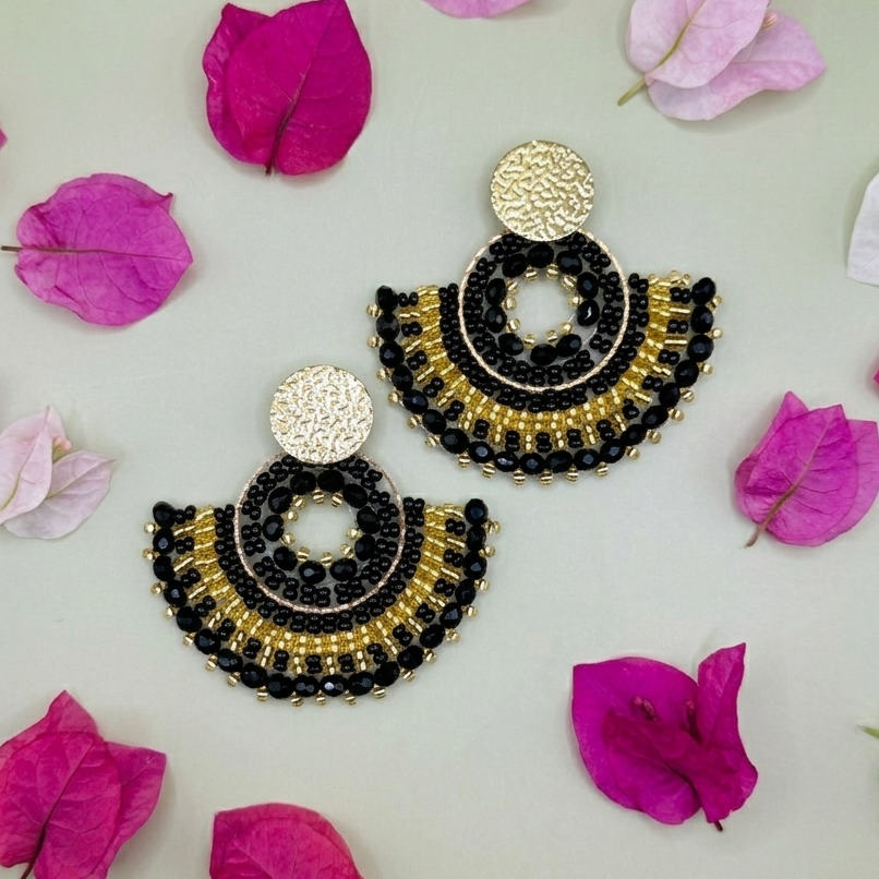 Black beaded earrings with flowers