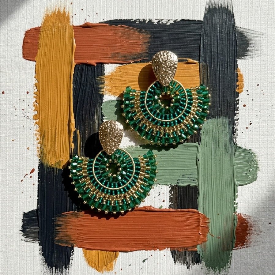 Green and gold earrings on a colorful abstract background