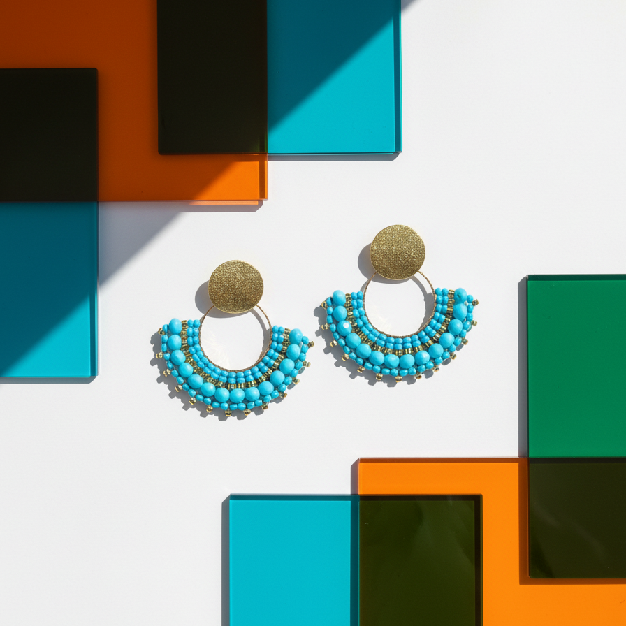 Light blue earrings with colored pieces of glass around it