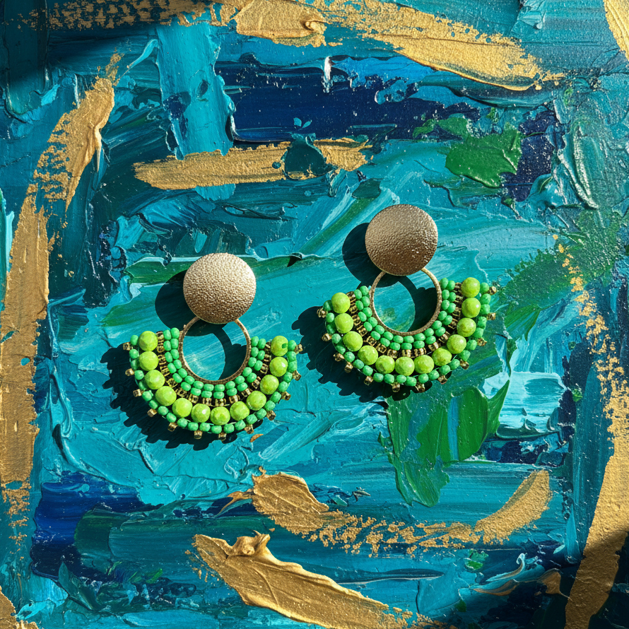 Green beaded earrings on a textured blue and gold background
