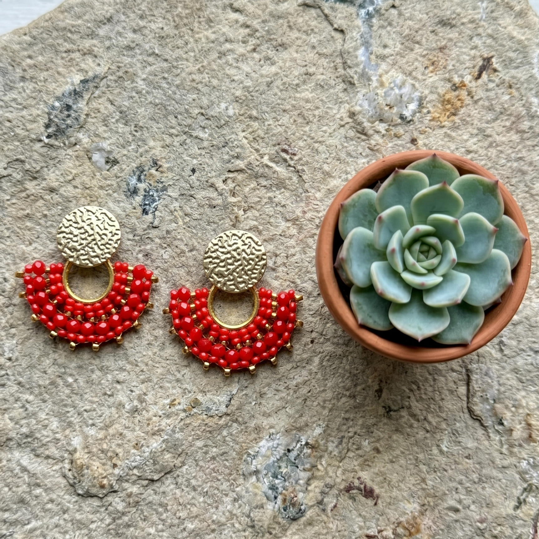 Pair of red beaded earrings on a stone surface with a small potted succulent.