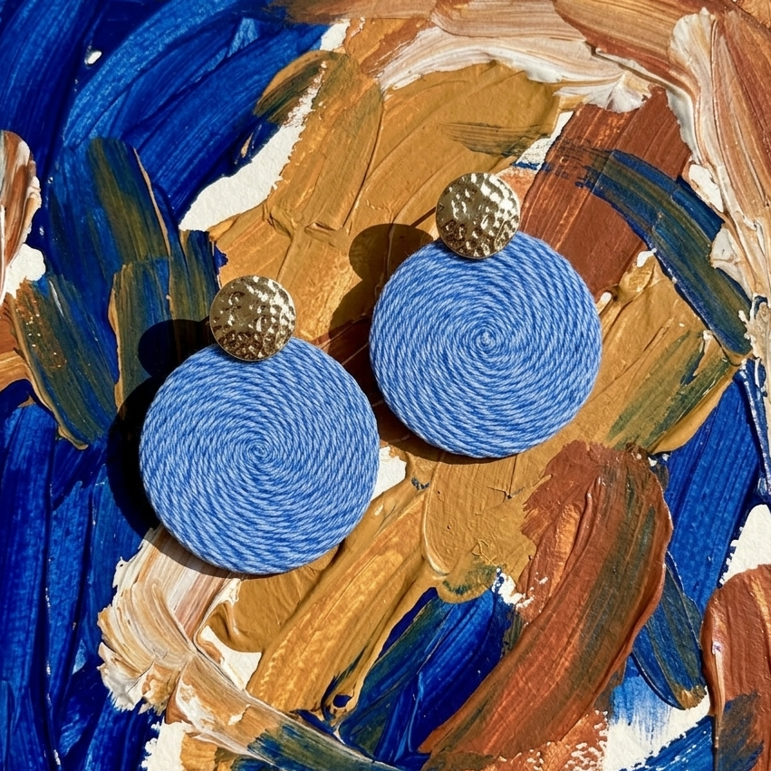 Pair of earrings with blue and gold elements on a textured blue and brown background