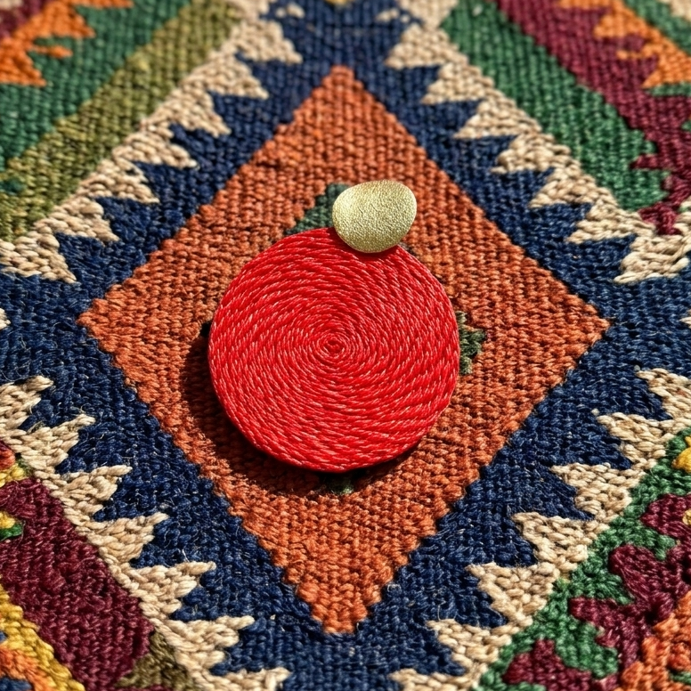 Red earrings on a colorful patterned fabric background