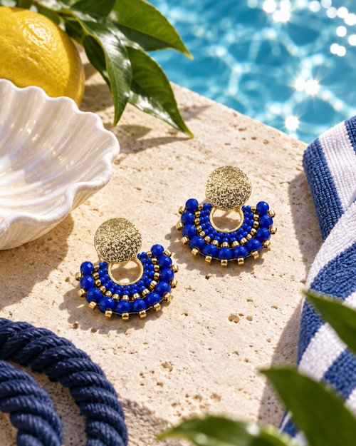 Cali Small Beaded Earrings in Dark Blue