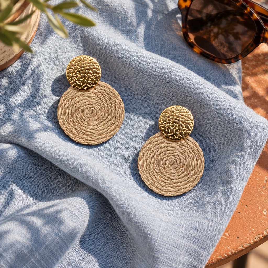 Guatapé Woven Iraca Palm Earrings in Dark Beige