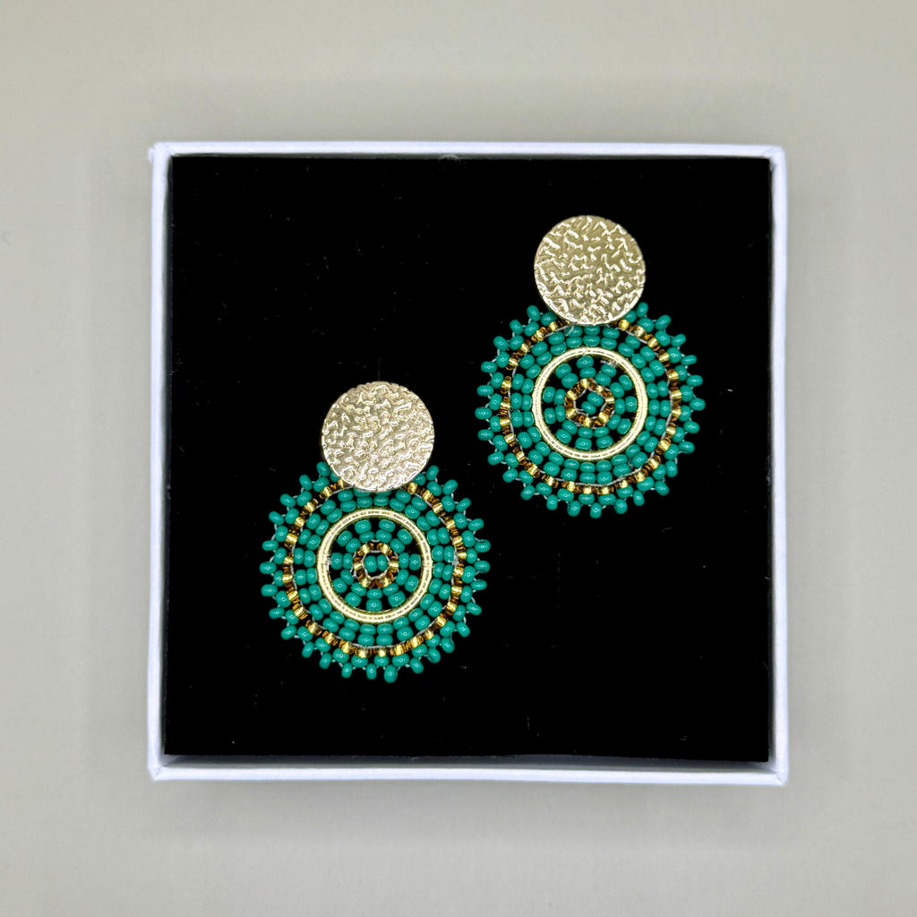 Manila Round Beaded Earrings in Dark Green