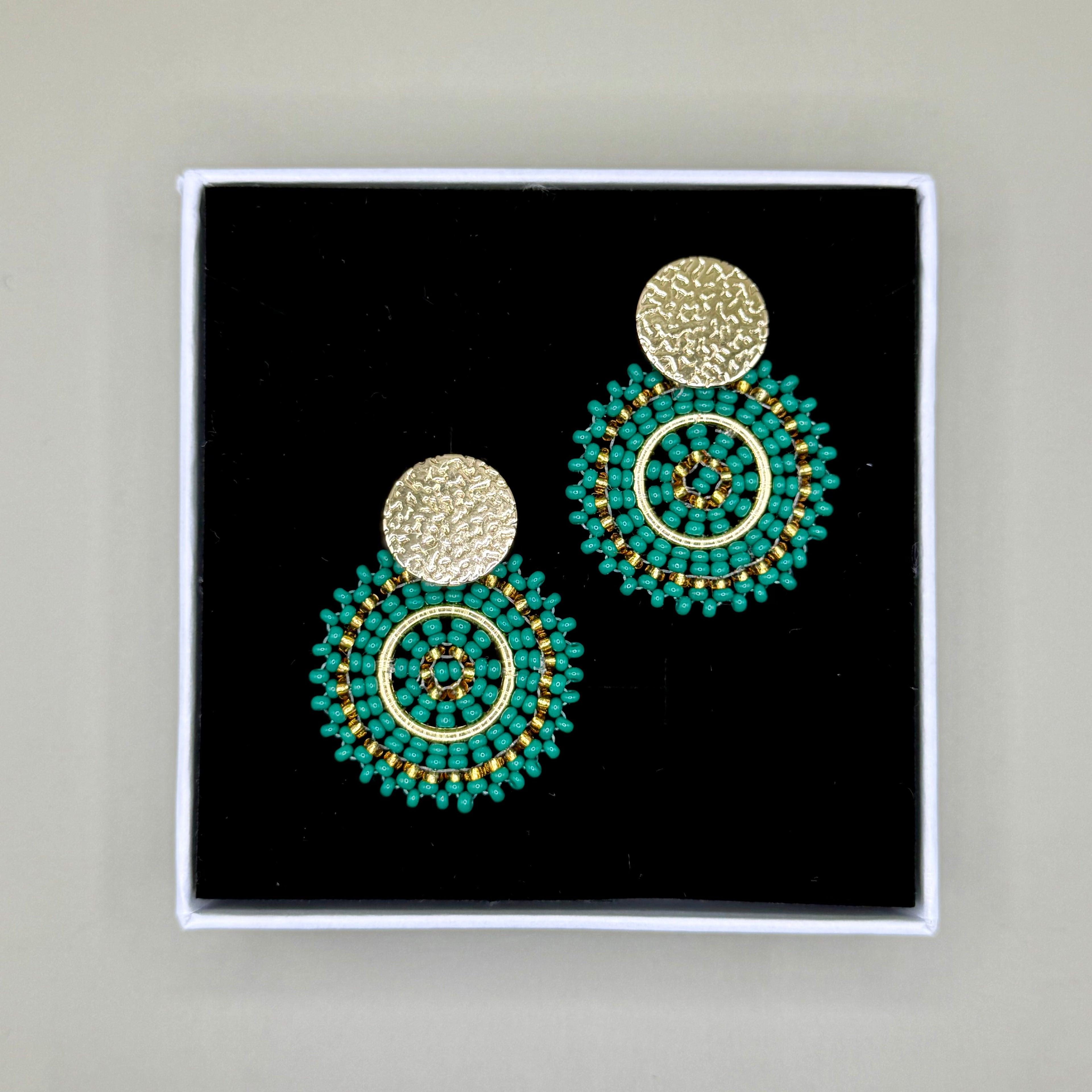 Manila Round Beaded Earrings in Dark Green