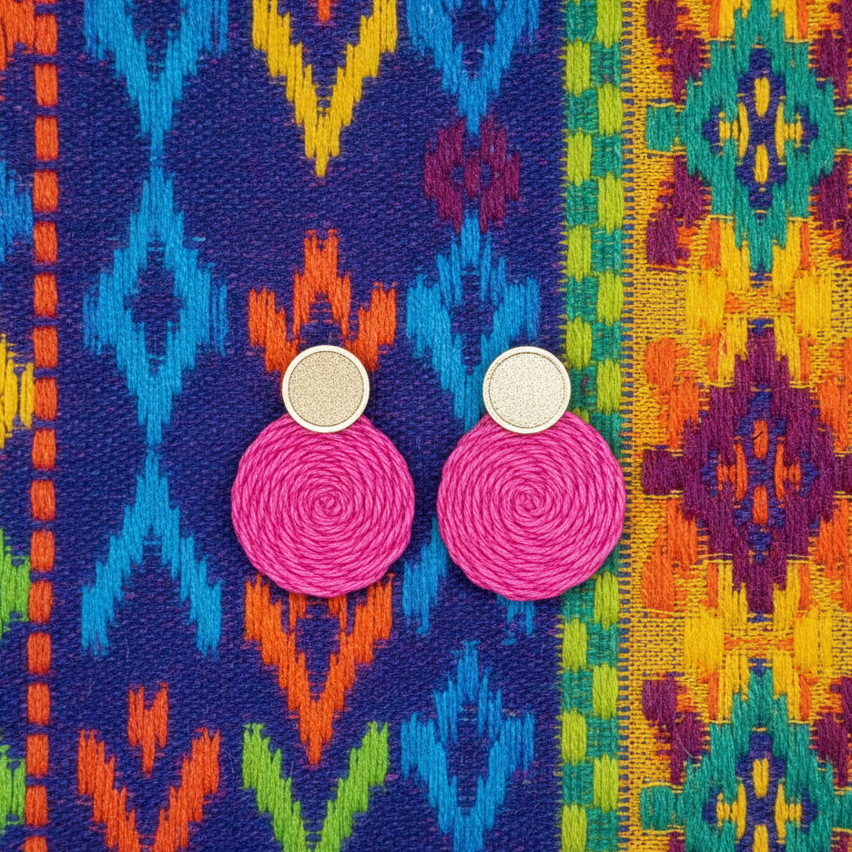 Pair of pink earrings on a colorful patterned fabric background