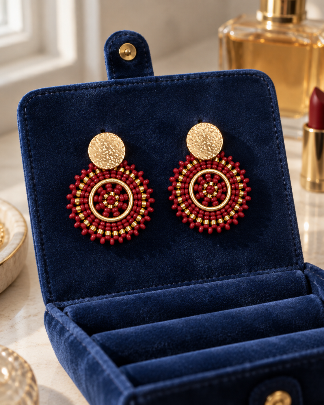 Manila Round Beaded Earrings in Red