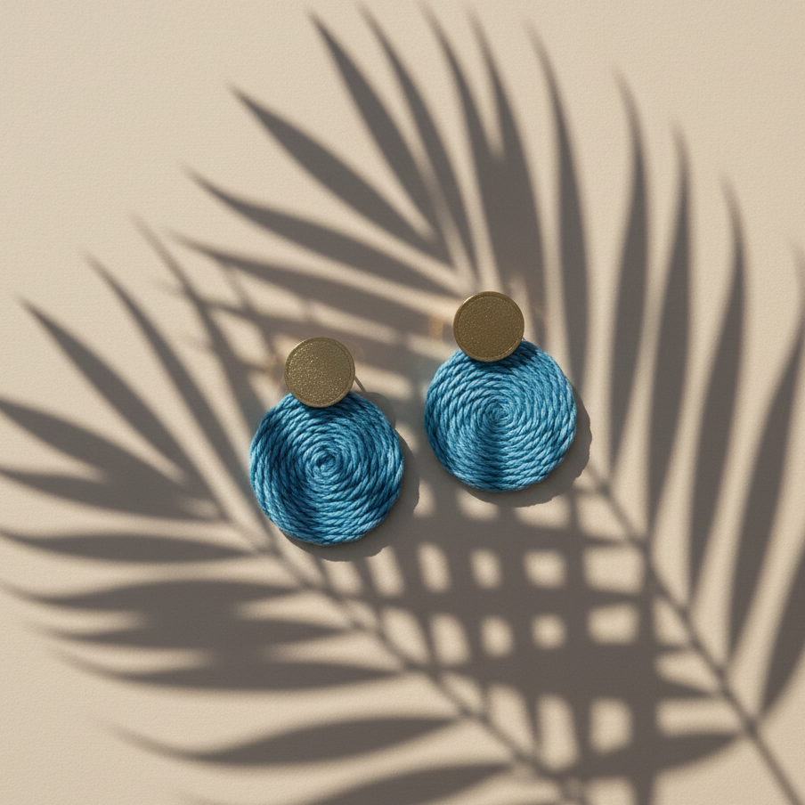 Blue round earrings with gold bases on a beige surface with palm leaf shadow