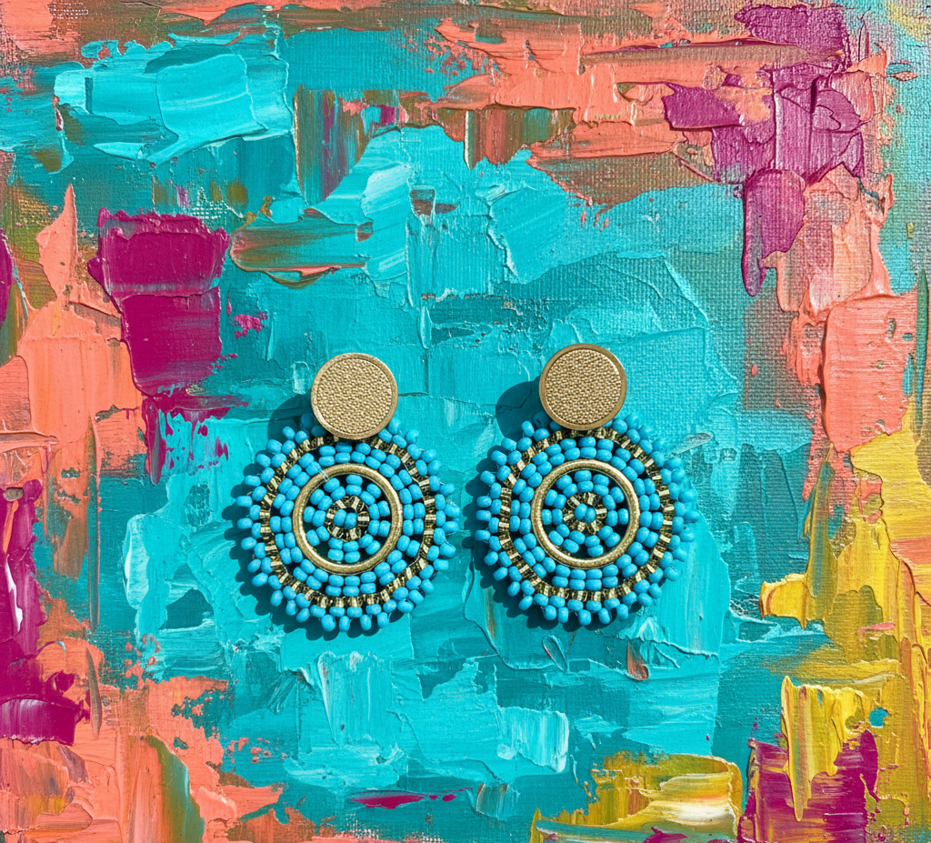 Pair of blue and gold earrings on a colorful abstract background