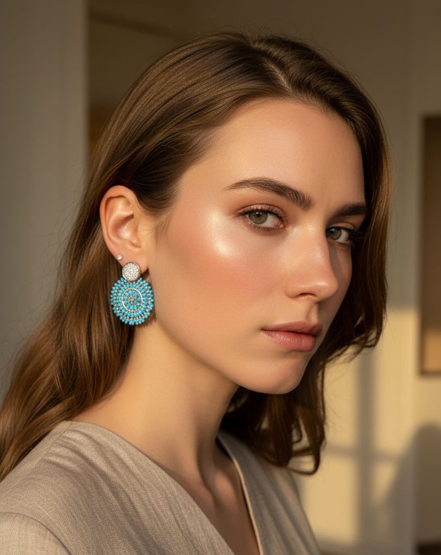 Woman wearing turquoise earrings with a neutral background