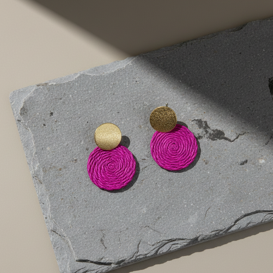 Pair of magenta textile earrings with gold round tops on a gray stone surface.