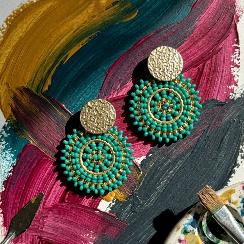 Colorful earrings on a textured surface with paintbrushes and a palette