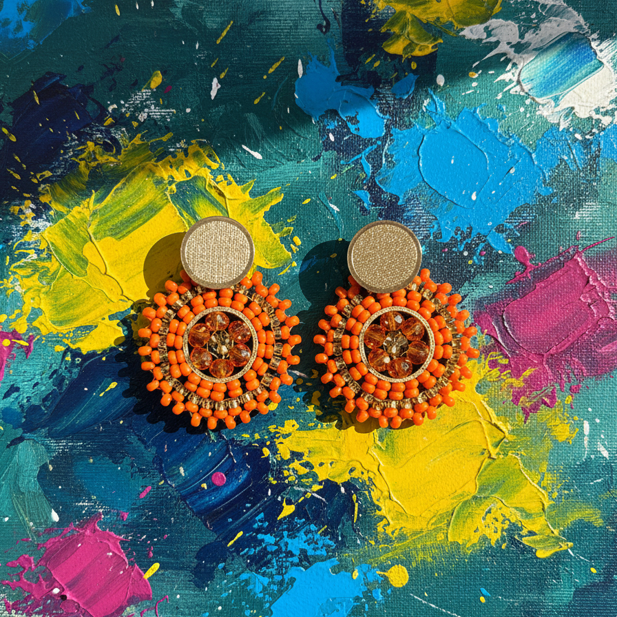 Pair of orange earrings on a colorful abstract background