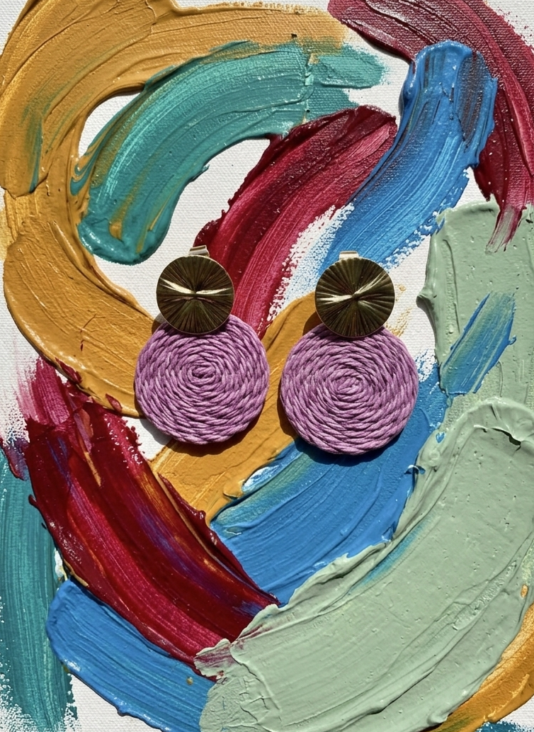 Pair of purple earrings on a colorful abstract painting background