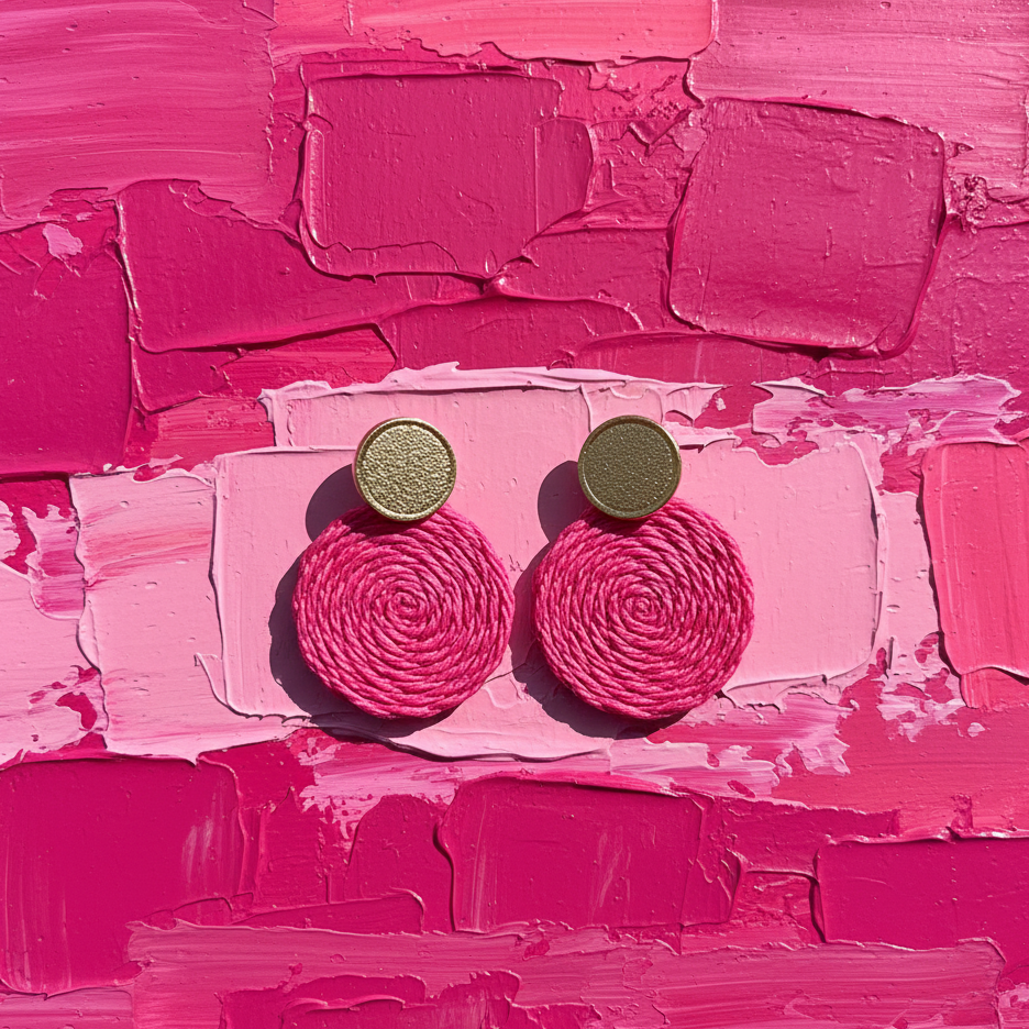 Pink textured earrings on a pink abstract background