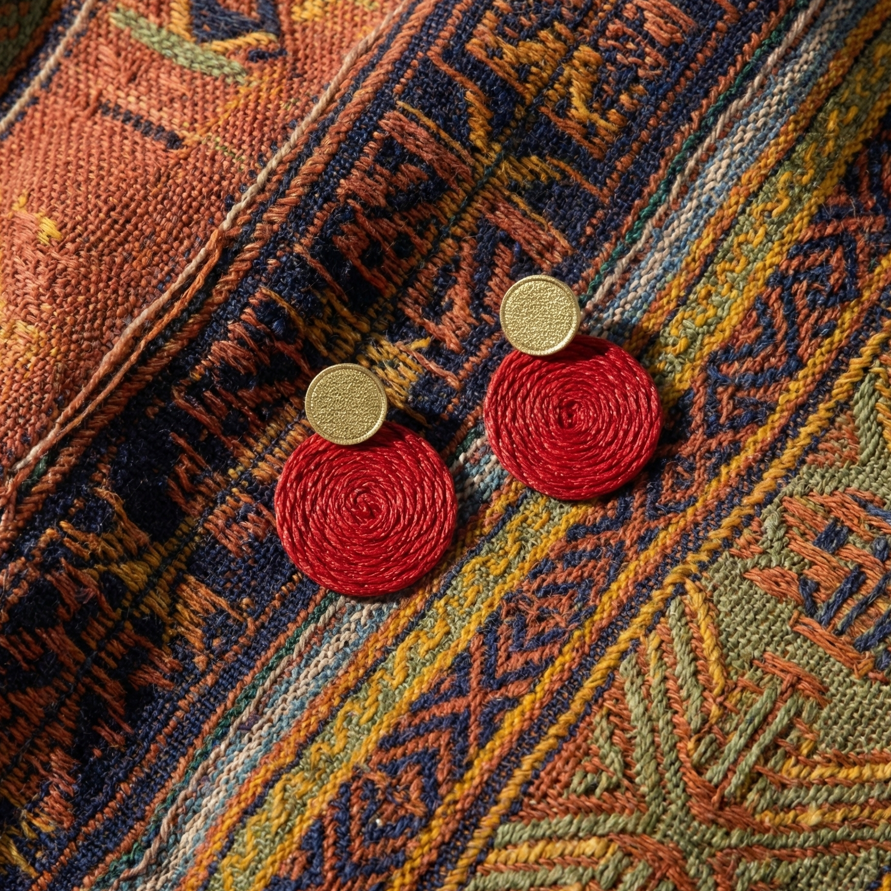 Red earrings with gold studs on a patterned fabric background