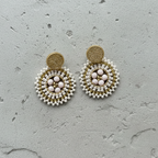 Pair of beaded earrings on a textured gray surface