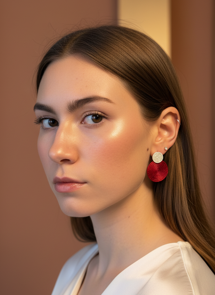 Woman wearing red earrings with a neutral background